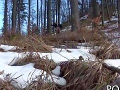 Teen challenges an enormous cock to a wild woods fuck