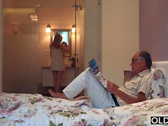 Nympho sucks grandpa cock has sex with him on her bed