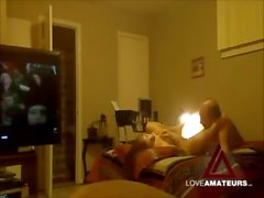 Older guy fucks the cute young lady with TV on