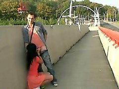 Brunette gets cock in public place