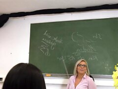 German female Teacher show Teen how to Suck in Threesome