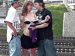 Gorgeous teen girl in PUBLIC GANGBANG Part 1