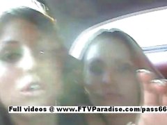 Risi and Renna easy going teenage horny lesbians in the car