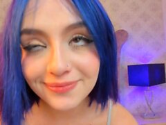 Blue Haired Babe Fuck Her Bald Pussy With Her Dildo