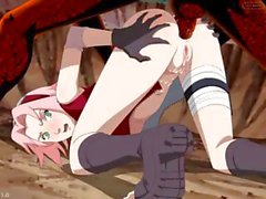 Anime babe Haruno Sakura is on her hands and knees getting banged