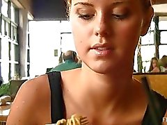 Jessi cute innocent blonde teen having dinner in restaurant