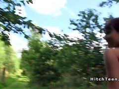 Slim tall teen hitchhiker fucks outdoor