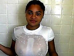 Petite 18yr old busty black teen taking a shower